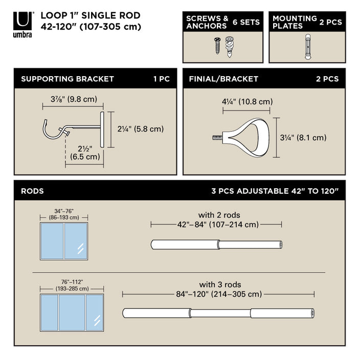 Umbra Loop Nickel Expandable 1\" Curtain Rod - 42\"-120\" 