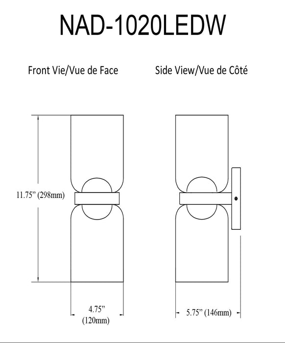 Dainolite Nadine 2 Light LED Sconce 20w Matte Black Clear Glass Lamp