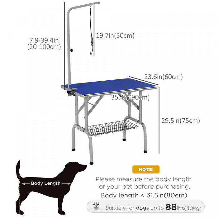 Pawhut Dog Grooming Table With Adjustable Grooming Arm, Pet Grooming Table For Dogs With Storage Shelf, Foldable Design Stainless Steel For All Sizes Dogs Cats, Blue