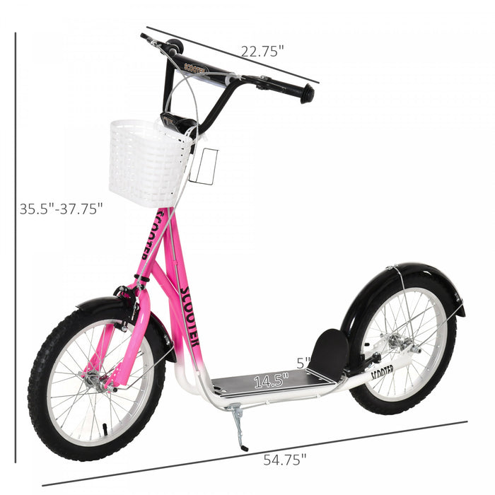Aosom Kick Scooter For Kids Teen Ride On Children Scooter With Adjustable Handlebar 2 Brakes Basket Cupholder Mudguard 16\" Inflatable Rubber Tyres Pink