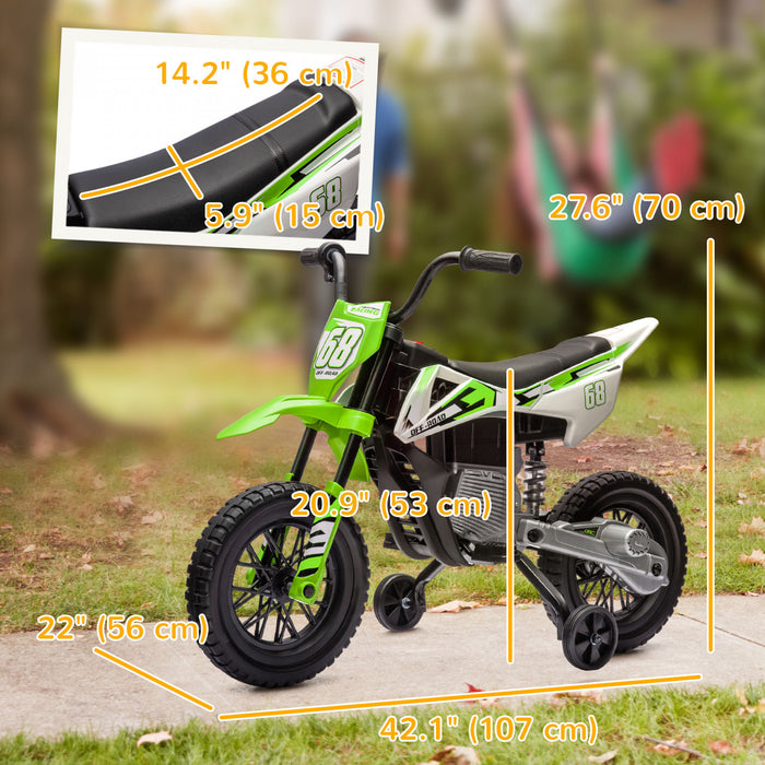 Qaba Kids Dirt Bike with Twist Grip Throttle, 12V Electric Motorcycle, Electric Bike with Training Wheels, Spring Suspension & Music, for Toddler 3-6 Years, Green