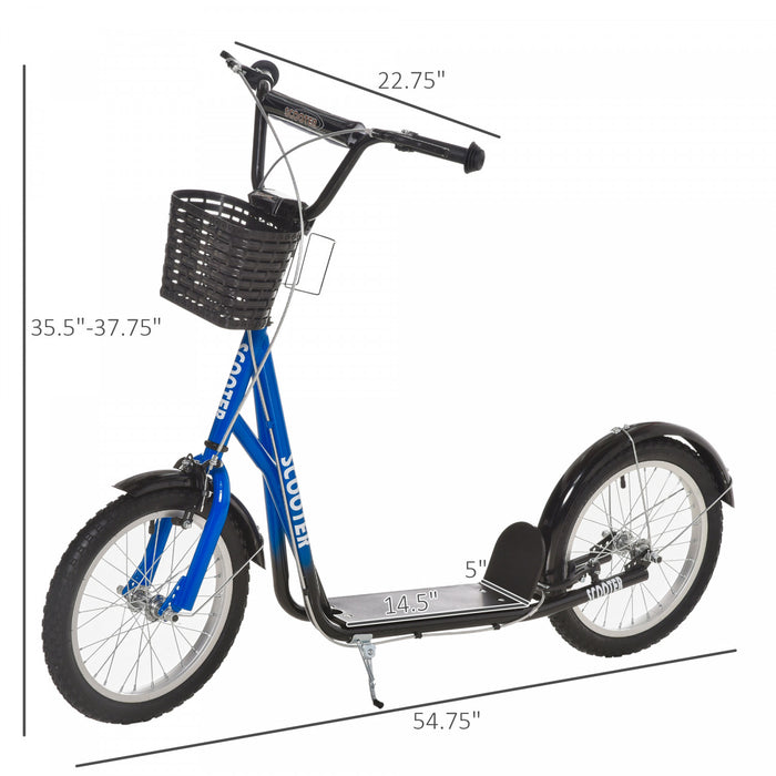 Aosom Scooter For Kids 5-12 Years Old, Teen Big Wheel Scooter With Adjustable Height, 16\" Inflatable Rubber Tyres, Dual Brakes, Cup Holder, Basket, Mudguard - Blue