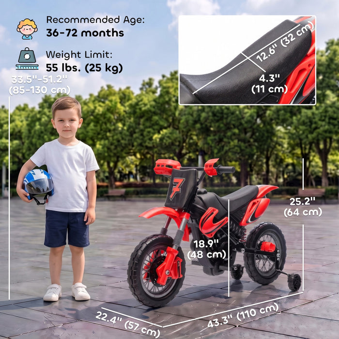 Qaba 12V Kids Electric Motorcycle, Battery Powered Ride on Motorcycle with Training Wheels, Electric Dirt Bike with Rear Suspension, Horn for Boys Girls 3-6 Years, Red