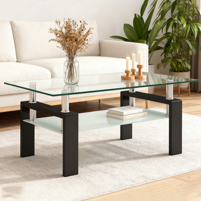Liam Modern Rectangle Clear Tempered Glass Coffee Table,Black
