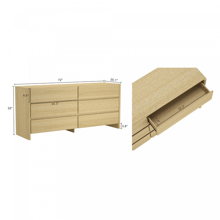 Linda Modern 72\" Dresser in Natural Oak (6-Drawer)