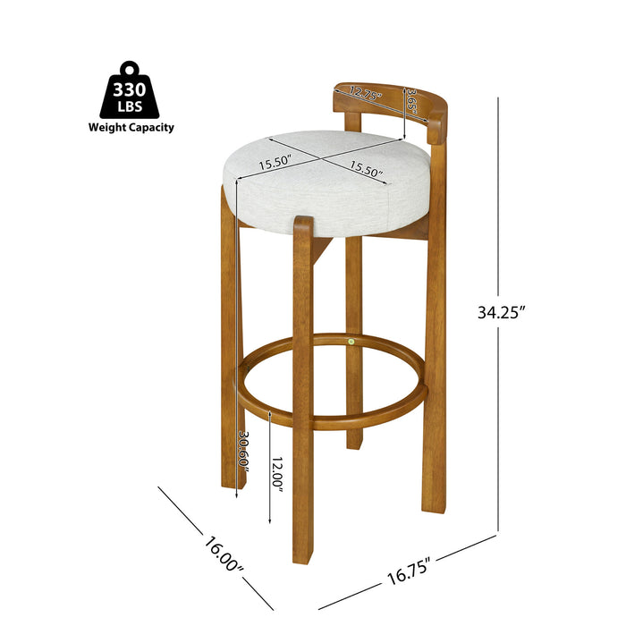 Elise Modern Round Seat Rubberwood Bar Stool Set of 2 with Curved Back Support and Sherpa Upholstery,Ivory