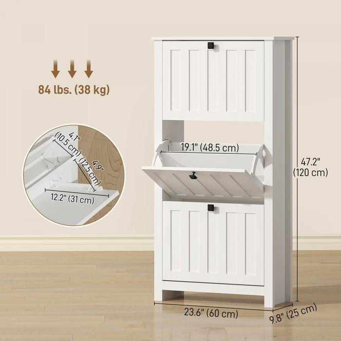 HOMCOM Narrow Shoe Cabinet with 3 Flip Drawers, Shoe Storage Cabinet, White