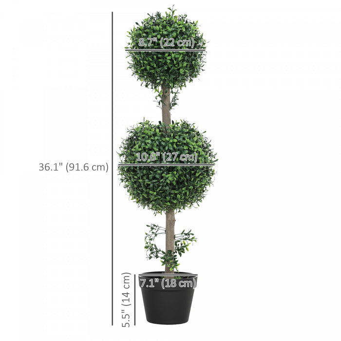 HOMCOM 2 Pack Artificial Boxwood Topiary Ball Trees, Fake Plants in Pot