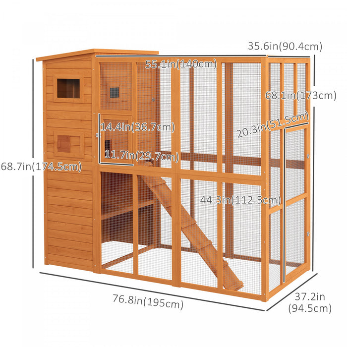 Pawhut Large Catio Outdoor Cat Enclosure Weatherproof Cat House With Cat Condo, Indoor Wooden Cat Cage Pet Kennel, 77\"l X 38\"w X 69\"h