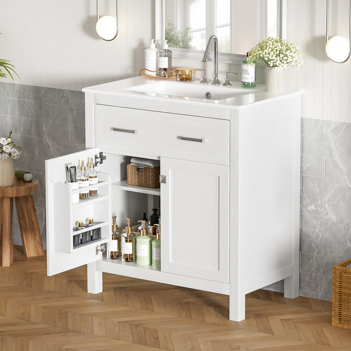 Baker 30 Inch Modern Bathroom Vanity with Ceramic Sink & Storage Cabinet, White