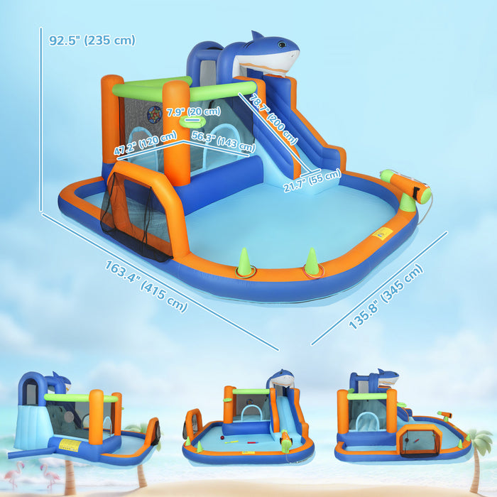Qaba 8 in 1 Bouncy Castle for Kids, Large Sharks Theme Inflatable Bounce House with Slide, Pool (Ball Pit), Climbing Wall, Ring Toss, Water Cannon, Blower for Indoor Outdoor, Blue