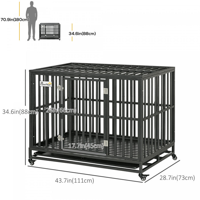 Pawhut 45\" Heavy Duty Steel Dog Crate Kennel Pet Cage With Wheels For Portability & 1 Doors For Convenient Access Anti-pinching Floor, Black