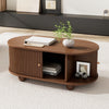 Ethan Oval Coffee Table with Sliding Doors and Hidden Storage,Dark Wood | Ethan table basse ovale – table basse avec portes coulissantes et rangement cache, bois fonce