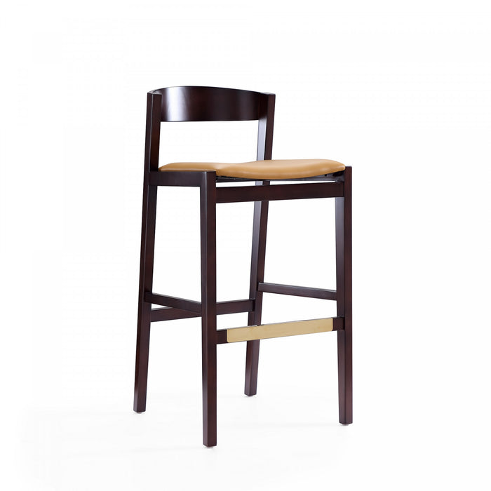 Klismos Mid-Century Modern Wood Upholstered Barstool in Camel - Set of 2