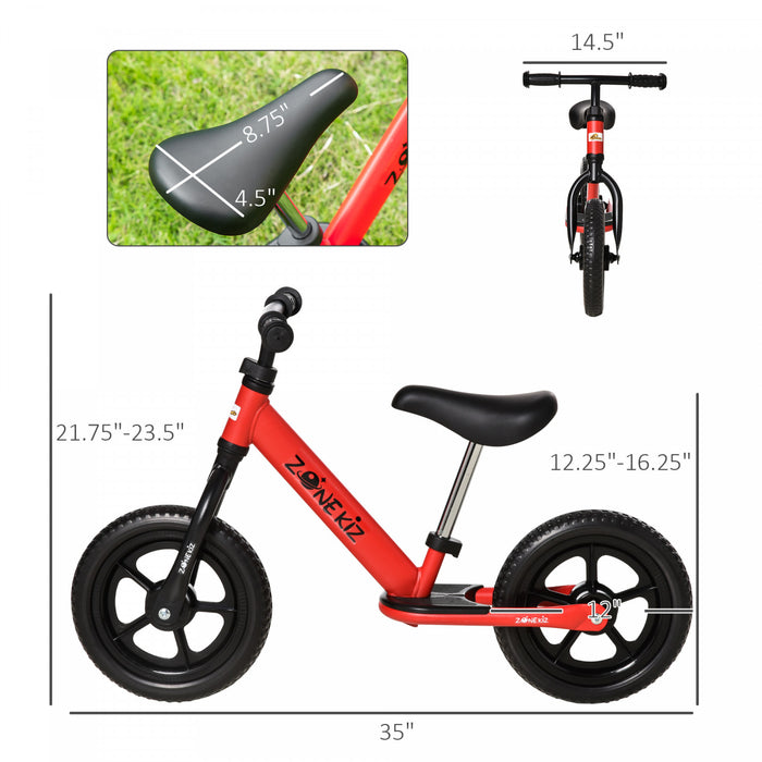 Qaba 12\" Kids Balance Bike No Pedal Bicycle Adjustable Seat And Handlebar Training Toddler Bike 3 - 5 Years Red