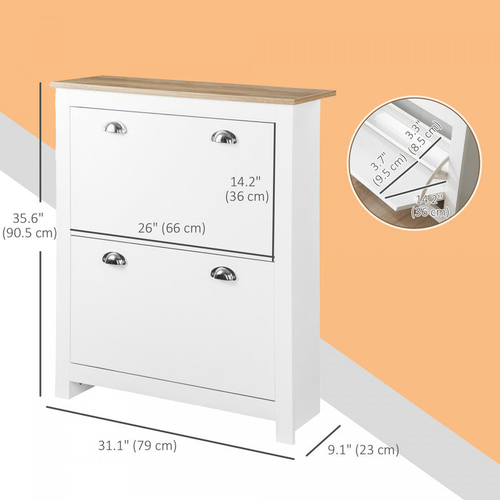 HOMCOM Hallway Shoe Cabinet with 2 Flip Drawers for 12 Pair of Shoes White