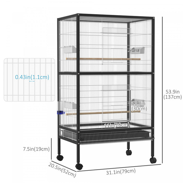 Pawhut 30x20.5x54-inch Bird Cage Parrot Macaw Finch Cockatoo Flight Cage With Wheels Black/white