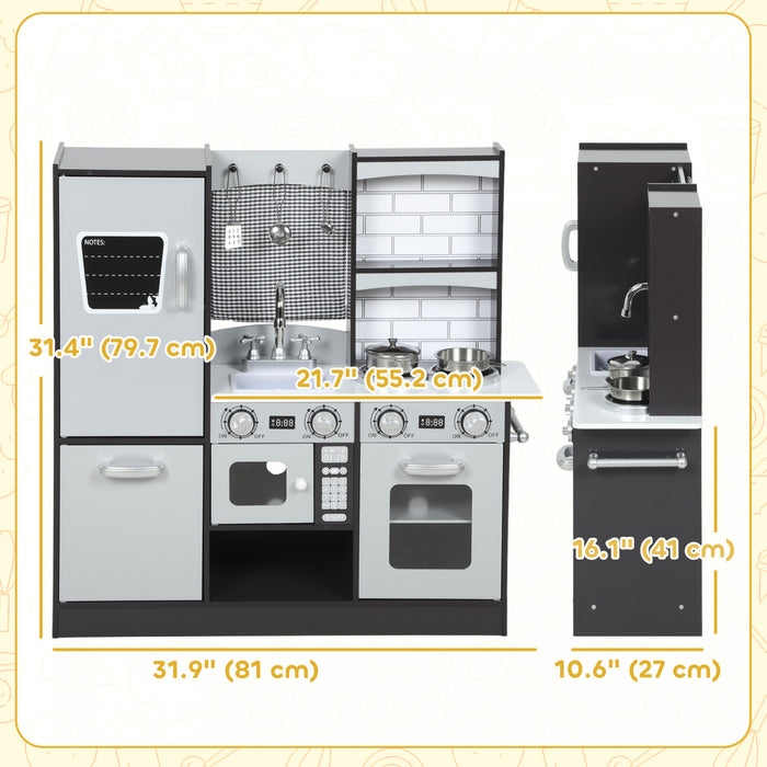 Qaba Play Kitchen for Kids, Pretend Kids Kitchen Playset with Switch Knob Sound, Accessories, Fridge, Microwave, Sink and Towel Rack, for Toddlers Ages 3-8 Years Old, Dark Brown