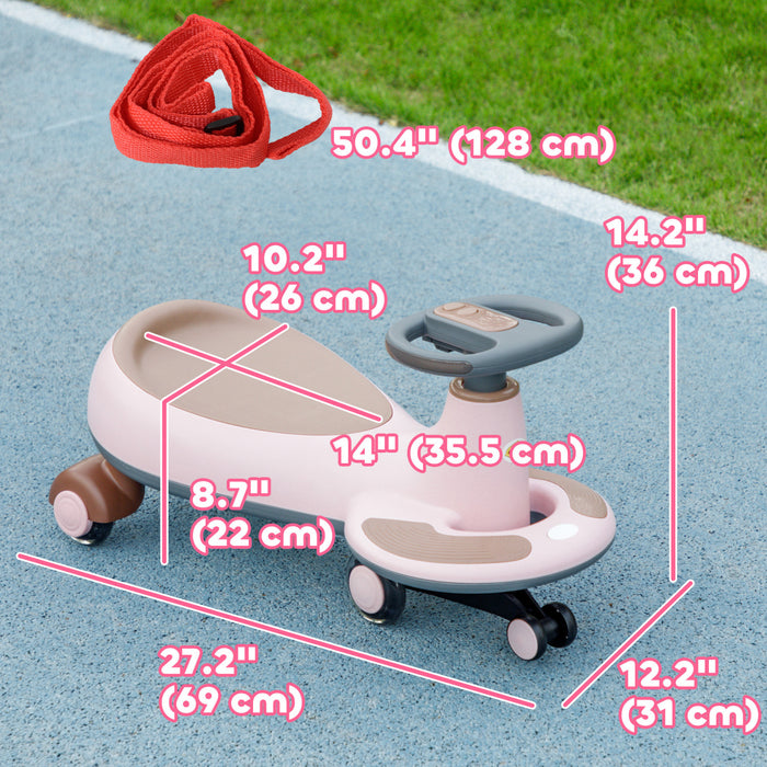 Qaba Wiggle Car For Toddlers 2-6 Years, Kids Swing Car W/ Parent Traction Rope, Music, Light, Ride On Car No Batteries, Gears Or Pedals, Twist, Turn, Wiggle Movement To Steer, Pink