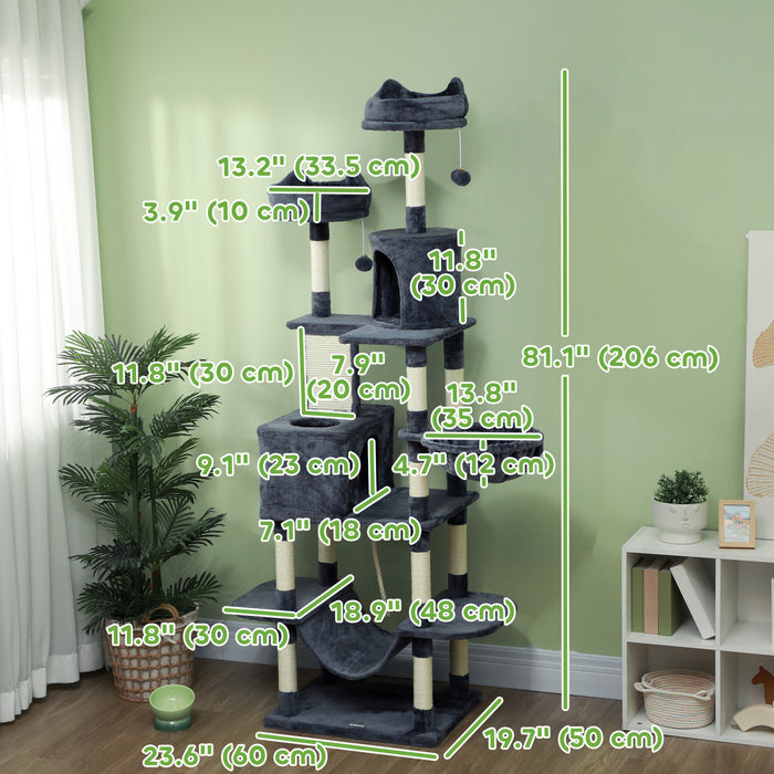 Pawhut Cat Tower, 81\" Cat Tree For Large Cats Adult W/ Scratching Posts, Scratching Board, Cat Condos, Cat Beds, Hammocks, Jumping Platforms, Toy Balls, Rope Cat Toy, Dark Grey