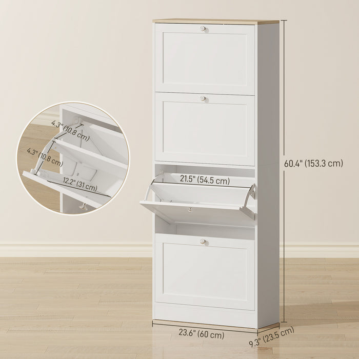 HOMCOM Shoe Cabinet with 4 Flip Drawers and Adjustable Shelves, White