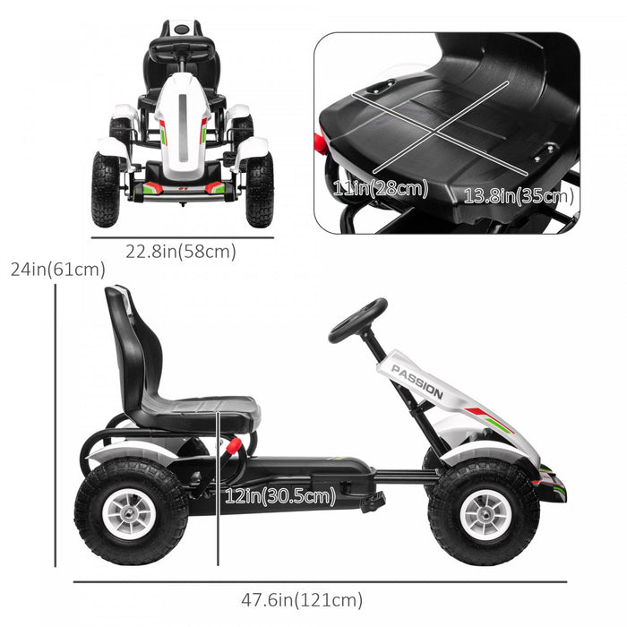 Aosom Pedal Go Kart For Kids, Pedal Powered Ride-On Car With Adjustable Bucket, Handbrake, 4 Rubber Wheels Powered Ride, Indoor Foot Racer, Aged 5-12 Years Old, White