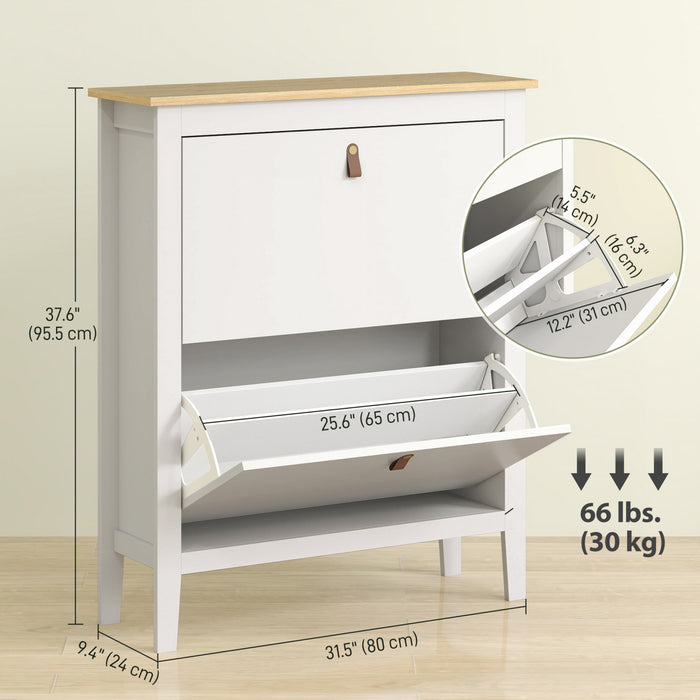 HOMCOM Shoe Cabinet with 2 Flip Drawers, Narrow Shoe Storage Cabinet, White