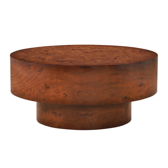 Sage 31.5 Inch Modern Round Burl Veneer Coffee Table with Drum Pedestal Base, Brown