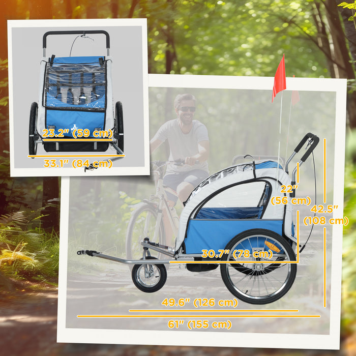 Aosom 2-Seat Bike Trailer for Kids, 2-in-1 Baby Stroller Bicycle Trailer 88 lbs Load with 5-Point Harness, Rubber Wheels, Storage, Safety Flag, Reflectors, Foldable Frame, Blue