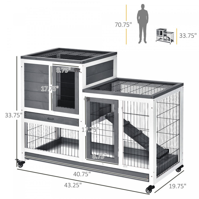 Pawhut Rabbit Hutch Indoor Bunny Cage Guinea Pig House On Wheels With Run, Pull Out Trays, Grey And White