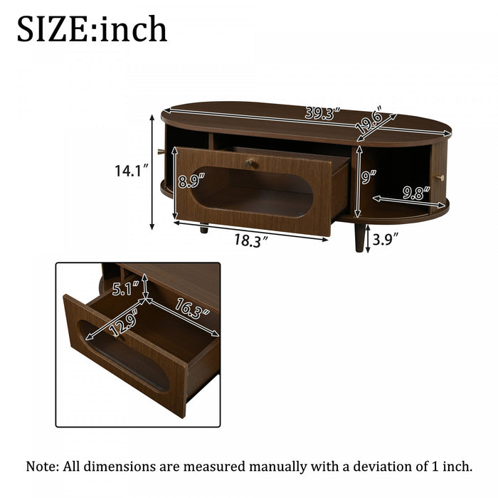 Grain 39.3 Inch Walnut Coffee Table with Roll-Up Door and Acrylic Drawer, Walnut