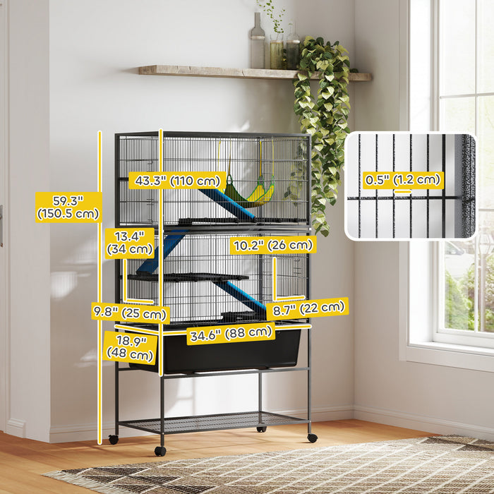 PawHut 59\"H 5-Level Ferret Chinchilla Rabbit Guinea Pig Cage, Metal Small Animal Critter Nation Cage with Slide Out 6.3L Deep Tray, Non-Slip Ramps, Hammock, for Pet Mink, Squirrel