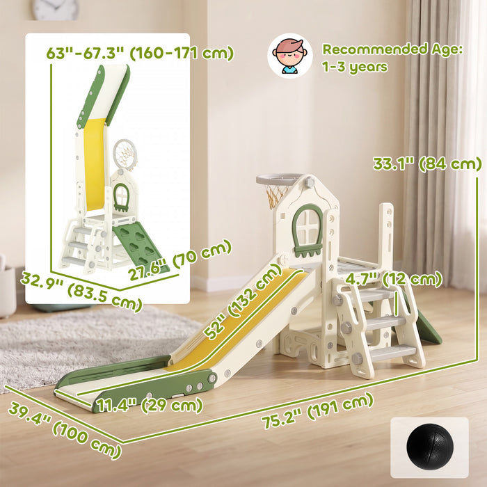 Qaba Toddler Slide, Foldable 4 in 1 Kids Slide with Climber, Basketball Hoop, Storage Space and Basketball, Indoor Playground for Boys Girls Age 1-3, Cream White