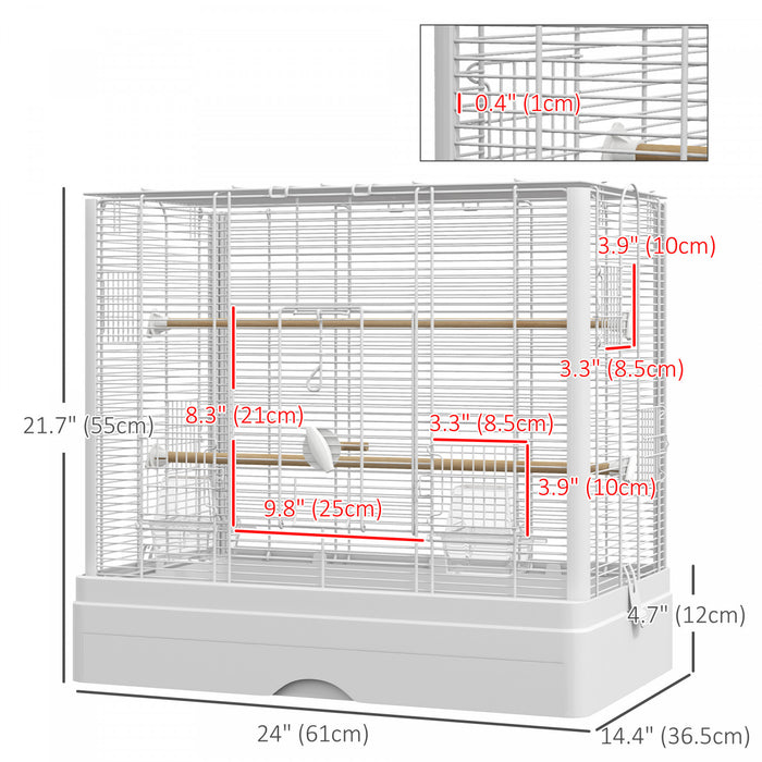 Pawhut 22\" Bird Cage For Budgie, Finches, Canaries, Love Birds, Large Parrot Cage With Wooden Stands, Slide-out Tray, Handle, Food Containers, White
