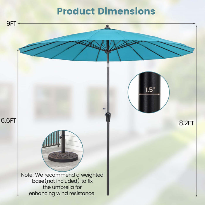 Costway 9 FT Patio Round Market Umbrella with Push Button Tilt, Crank Handle, Vented Top Turquoise