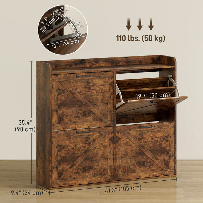 HOMCOM 4 Flip Drawer Shoe Cabinet, Slim Shoe Storage Cabinet, Rustic Brown