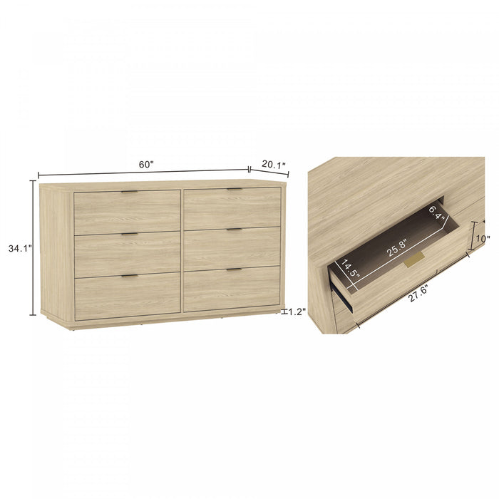 Evelyn Modern 60\" Dresser in Natural (6-Drawer)