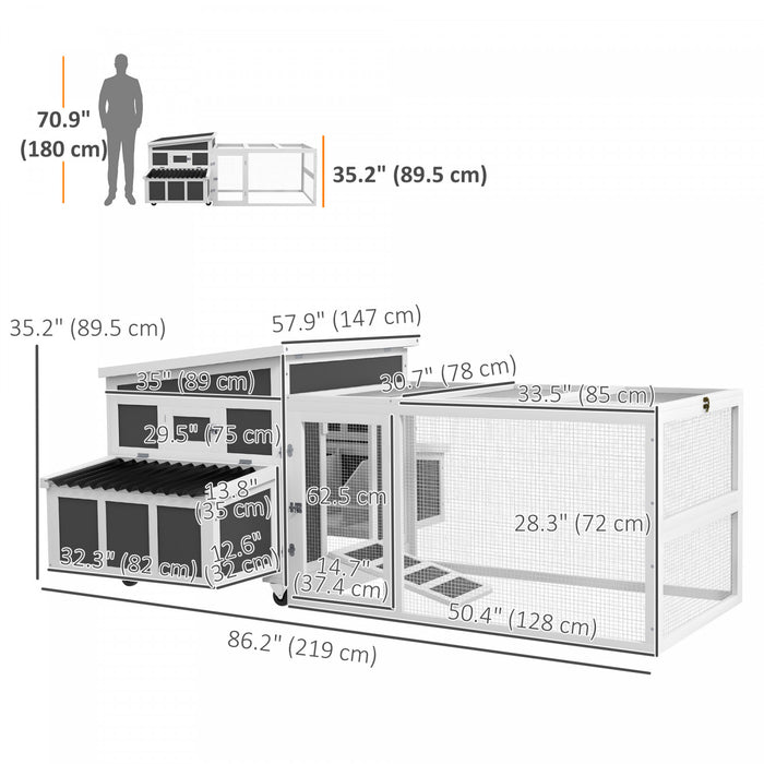 PawHut Wooden Chicken Coop for 6 Chickens, Rabbit Hutch with Large Run, Outdoor Poultry Cage Duck Coop Hen House with Nesting Box, Tray, Windows, Dark Grey