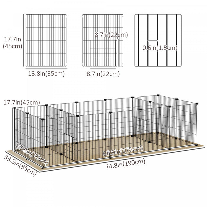 Pawhut 18 Panels Small Animal Cage With Water-resistant Mat, Pet Playpen With Doors, Guinea Pig Cage, Portable Metal Wire Yard For Hedgehogs Indoor Use, 69\" X 28\" X 18\"