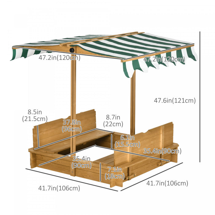 Wooden Kids Sandbox With Cover, Children Outdoor Sand Play Station With Foldable Bench Seats, Adjustable Canopy, Bottom Liner For Outdoor, Light Brown