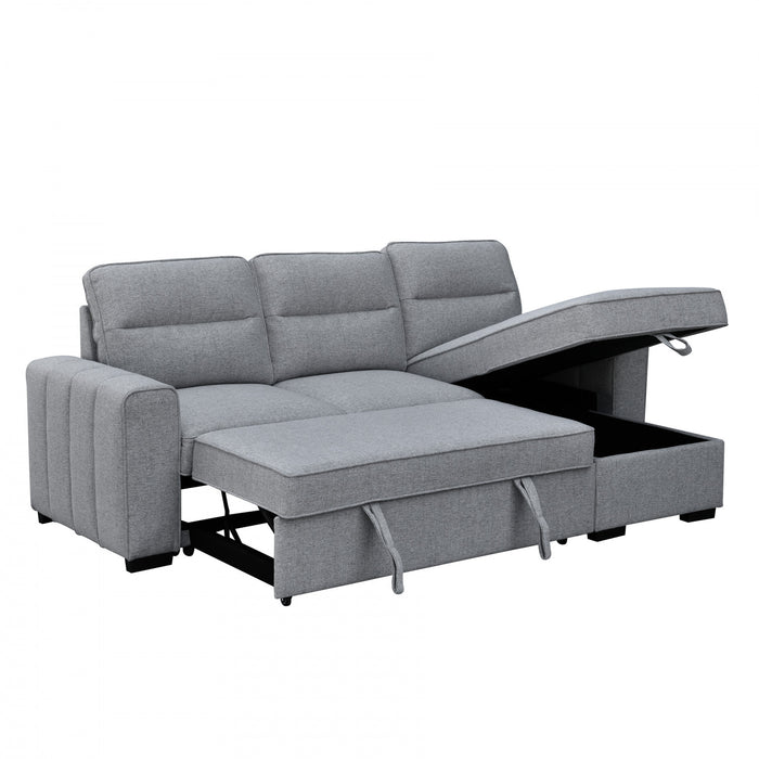 Asher 92 in. Fabric Sleeper Sectional with Storage Chaise and Channel-Tufted Arms - Grey