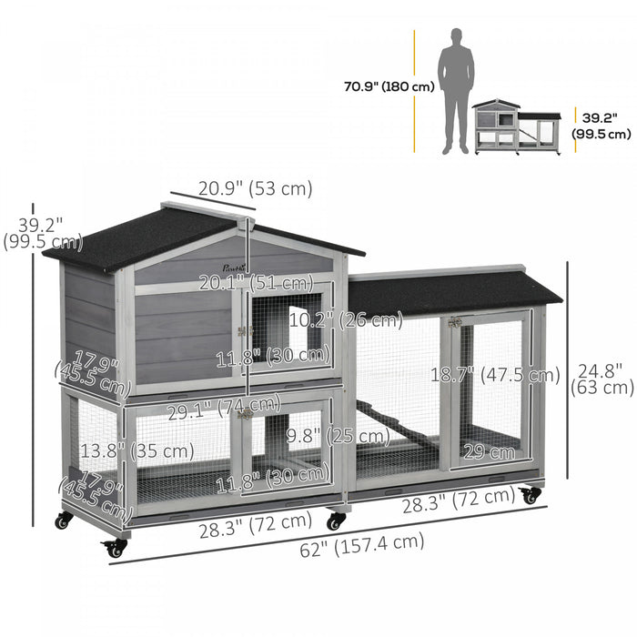 Pawhut 62\" Wooden Rabbit Hutch, Bunny Cage With Wheels, Run Box, Tray, Ramp For Small Animals, Guinea Pig, Indoor Outdoor Use, Light Grey