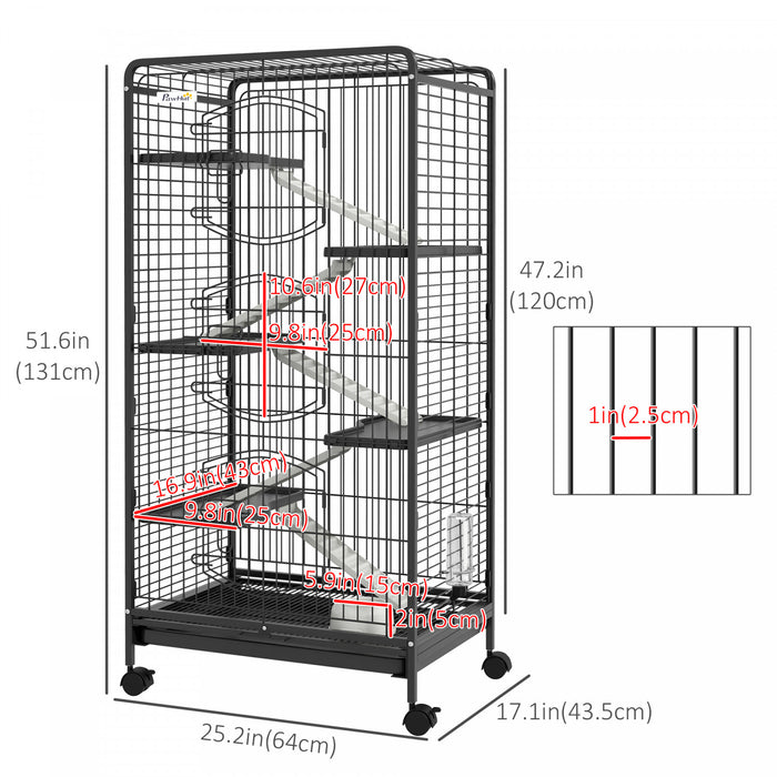 Pawhut 6-tier Small Animal Cage Pet Playpen For Rabbit Ferret Chinchilla On Wheels With Removable Tray Platform Ramp Food Dish Water Bottle, 25\" X 17\" X 52\"