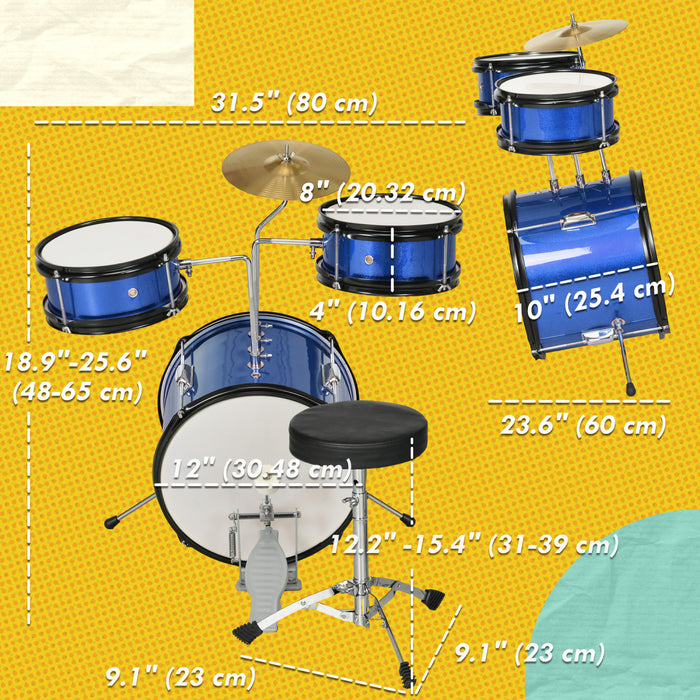 Qaba 7 Piece Drum Set With Throne, Kids Drum Set With Adjustable Cymbal, Pedal, Drumsticks, Junior Drum Set For Toddlers 3-6 Years, Blue