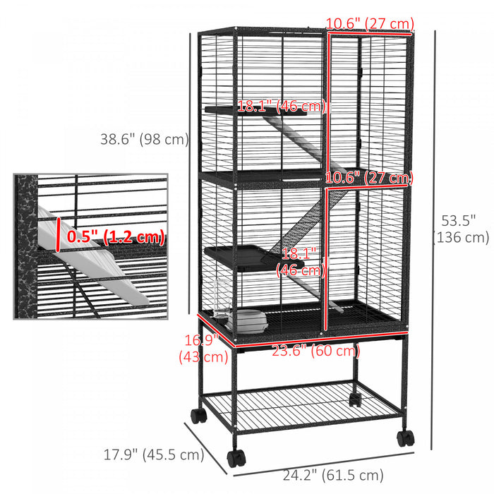 Pawhut Small Animal Cage With Wheels, Pet Playpen For Rat, Kitten, Ferrets, Chinchillas With Bottom Storage Shelf, Removable Tray, Ramp, 24.2\" X 17.9\" X 53.5\", Dark Grey
