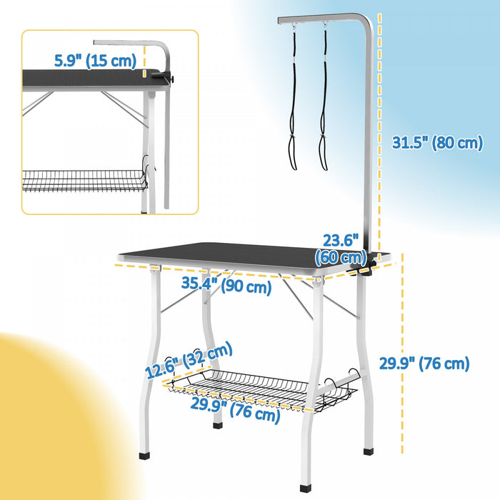 Pawhut 35in Dog Grooming Table With Adjustable Arm, Foldable Pet Grooming Table With Mesh Tray, Two Nooses, Rubber Surface, 35\" X 24\" X 61\", Black