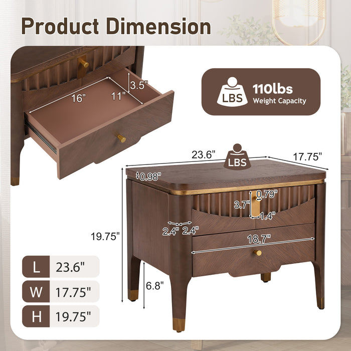 Liam Modern Wave Design Nightstand with 2 Storage Drawers,Brown
