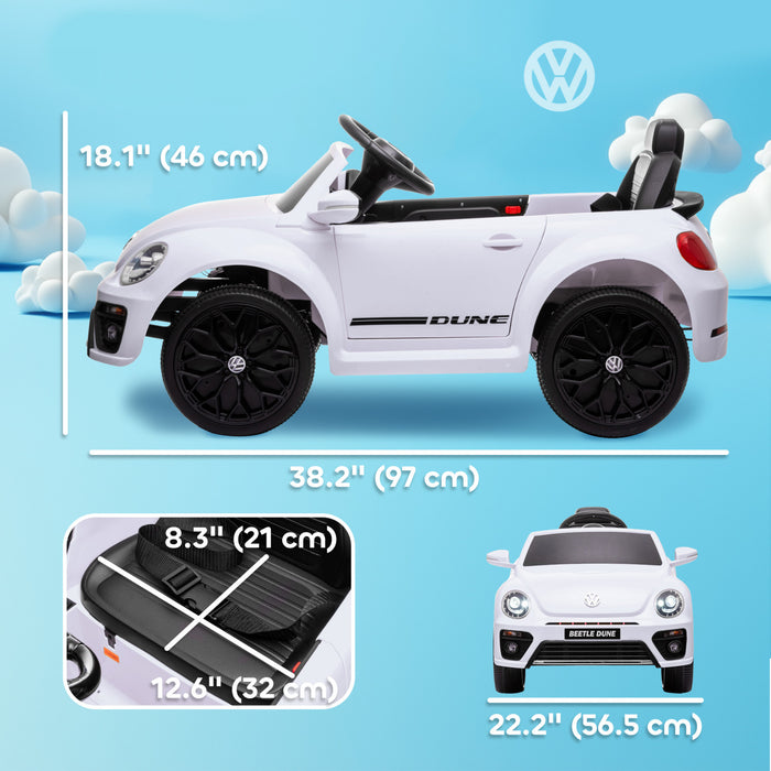 Qaba 12v Electric Car For Kids, Volkswagen Beetle Licensed Battery Powered Ride-On Kids Car With Parent Remote Control, 4 Spring Suspension Wheels, Soft Start, Headlights, Fm Radio, White