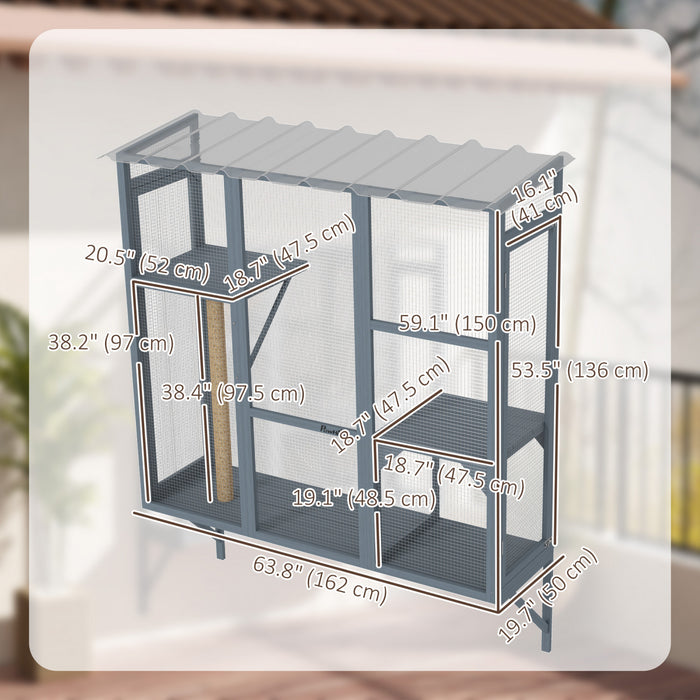 Pawhut Catio Outdoor Cat Enclosure, Cat Window Box For 2-3 Cats With 2 Jumping Platforms & Scratching Post, Expendable Secure Window Perch House For Large Indoor Cats, Grey
