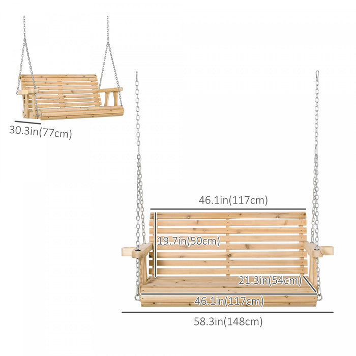 Outsunny 2 Seater Porch Swing Wooden Patio Swing Chair Seat With Cup Holder And Chains Outdoor Swing Bench For Garden Yard, Natural